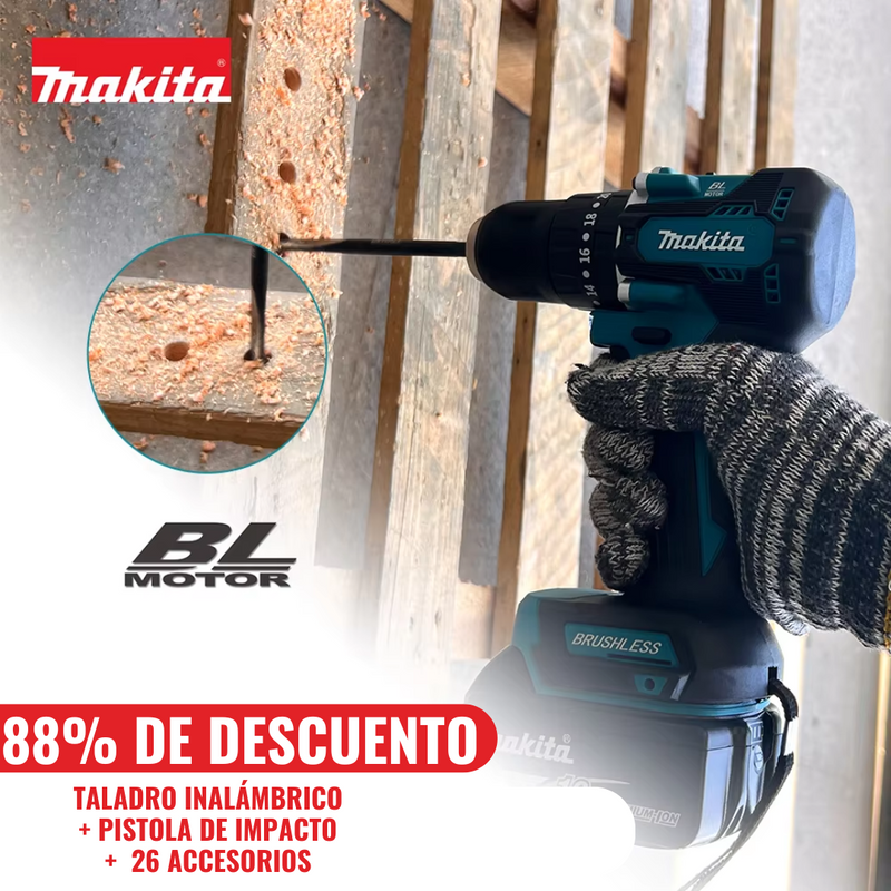 KIT MAKITA ORIGINAL: TALADRO INALÁMBRICO con PISTOLA DE IMPACTO + 26 ACCESORIOS + 2 BATERIAS PROMOCION CIERRE DE TIENDA - Envío Gratis 24H MRW